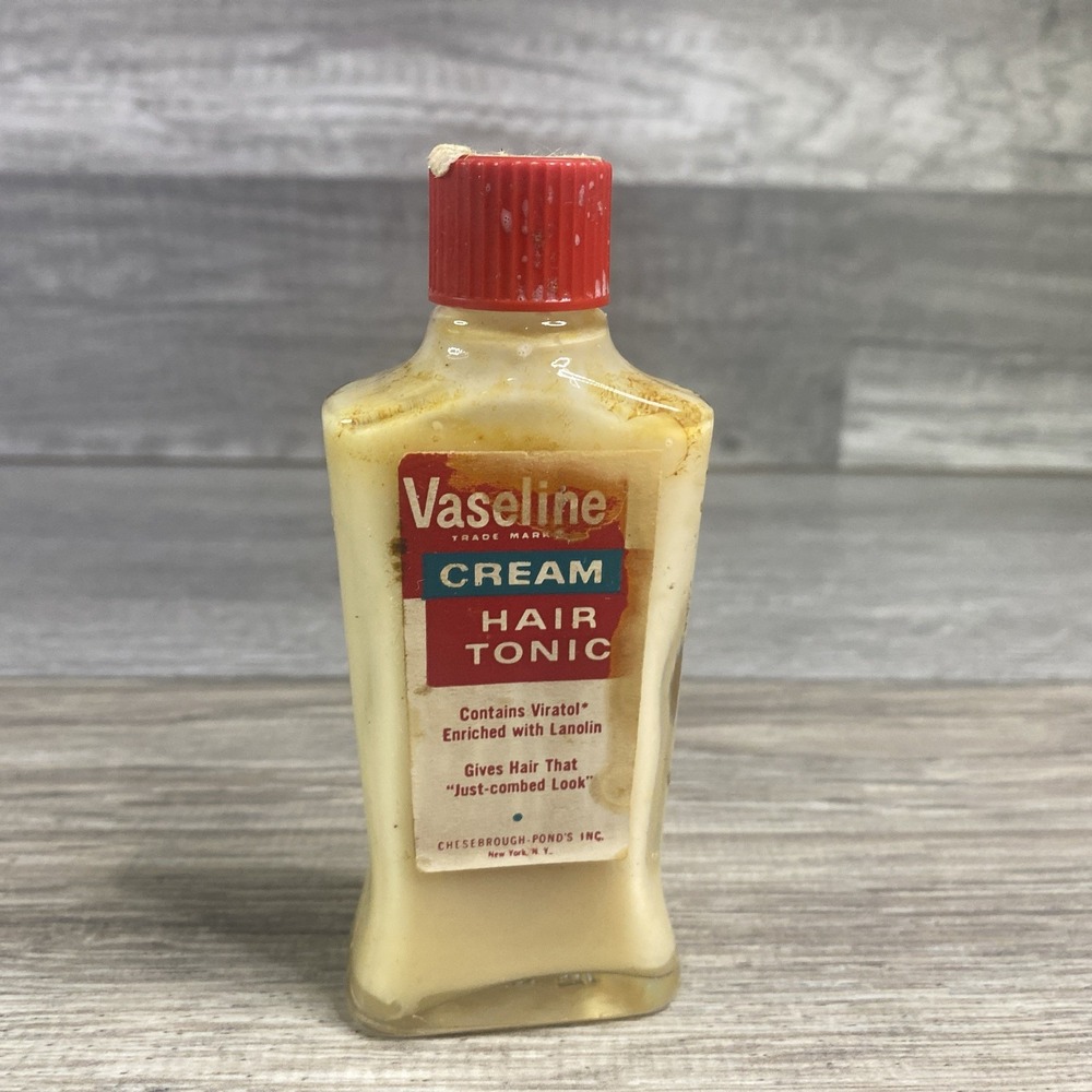 Vaseline Cream Hair Tonic Vintage 1.125oz Glass Bottle Red Cap Good Mid-Century
